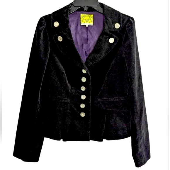 Anthro Floreat Black Velvet Ruffle Suit Blazer Jacket - Picture 5 of 8